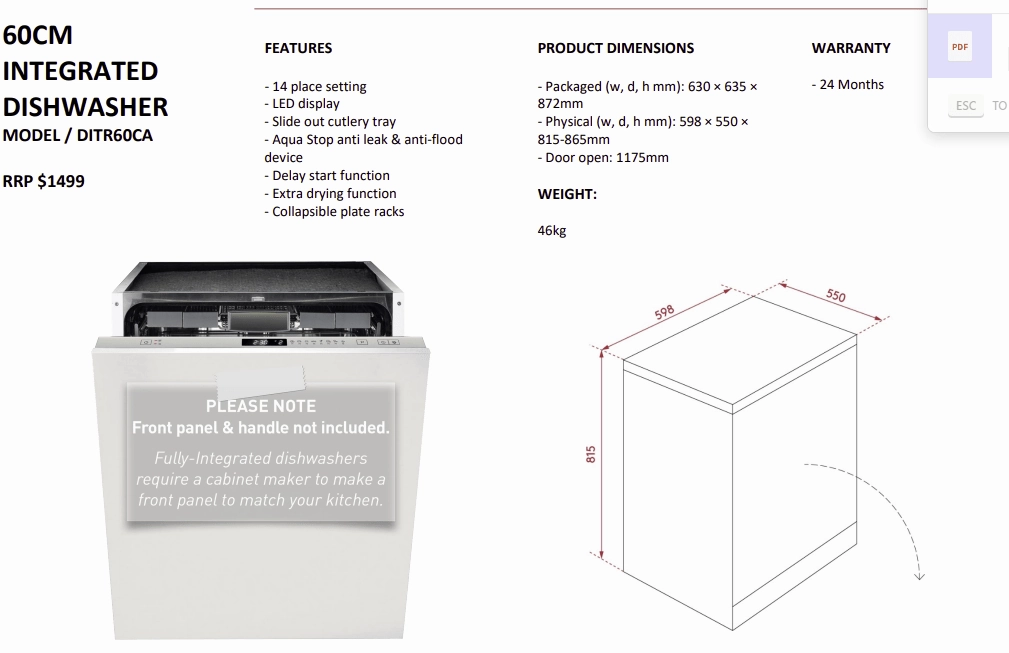 60cm Integrated Dishwasher