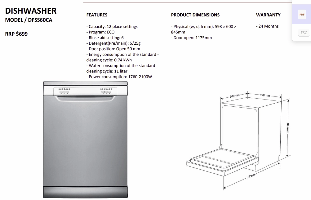 60cm Stainless Steel Dishwasher
