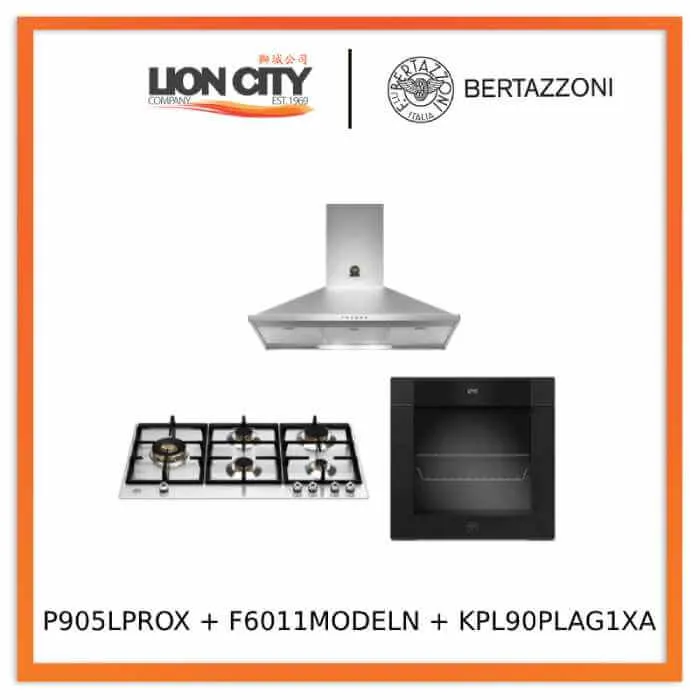Bertazzoni 90cm P905LPROX/NE Gas Hob   F6011MODELN 11 Function Oven   KPL90PLAG1XA Wall-Mount Hood