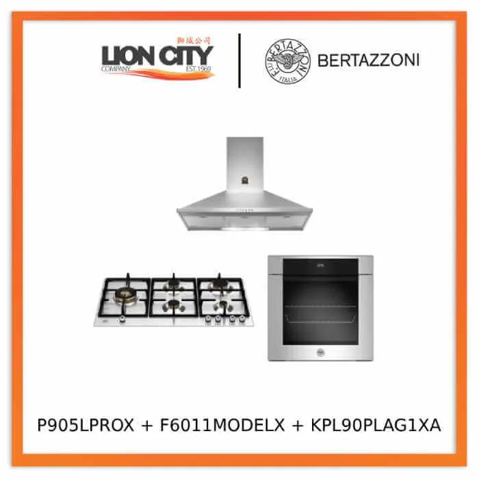 Bertazzoni 90cm P905LPROX/NE Gas Hob   F6011MODELX 11 Function Oven   KPL90PLAG1XA Wall-Mount Hood