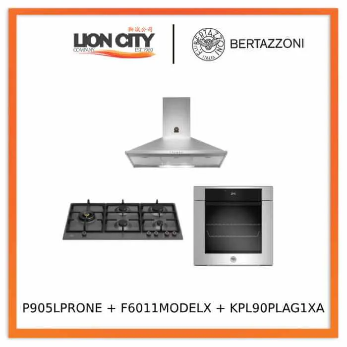 Bertazzoni 90cm P905LPROX/NE Gas Hob   F6011MODELX 11 Function Oven   KPL90PLAG1XA Wall-Mount Hood