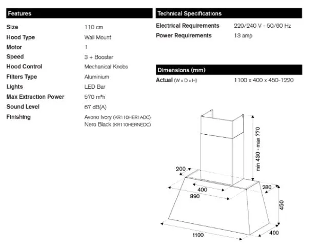 Bertazzoni KR110HER1NEDC 110cm Heritage Wall Mounted Hood