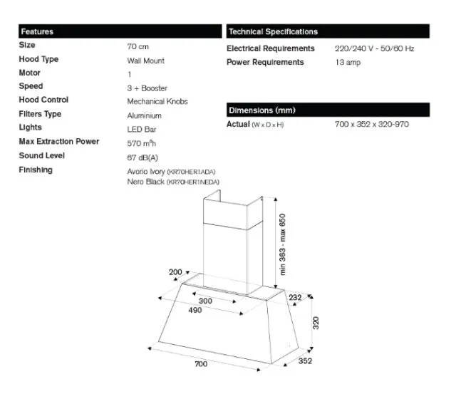 Bertazzoni KR70HER1NEDA 70cm Heritage Wall Mounted Hood