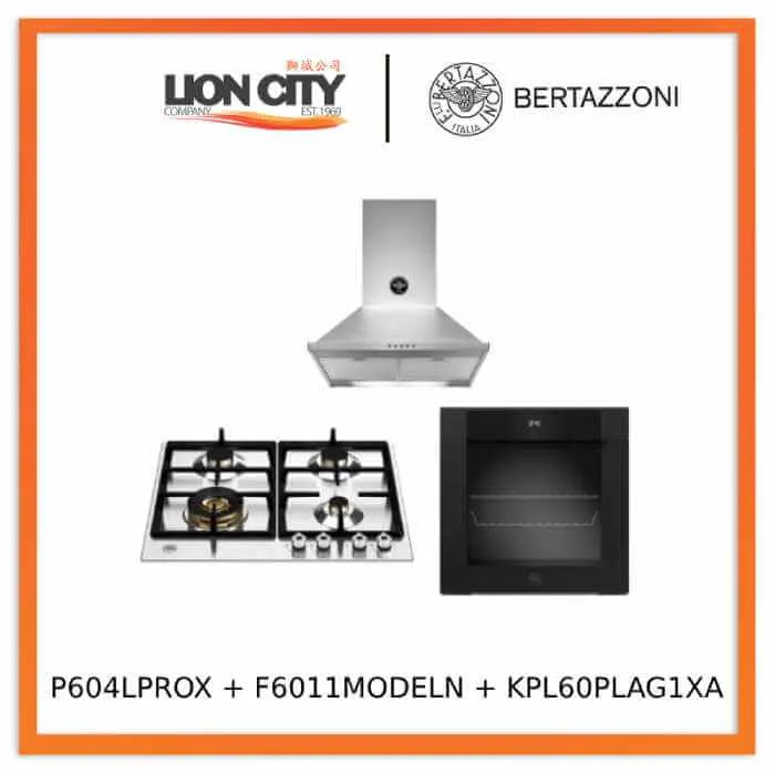 Bertazzoni P604LPROX/NE 60cm Gas Hob   F6011MODELN 11 Function Oven   KPL60PLAG1XA Wall-Mount Hood