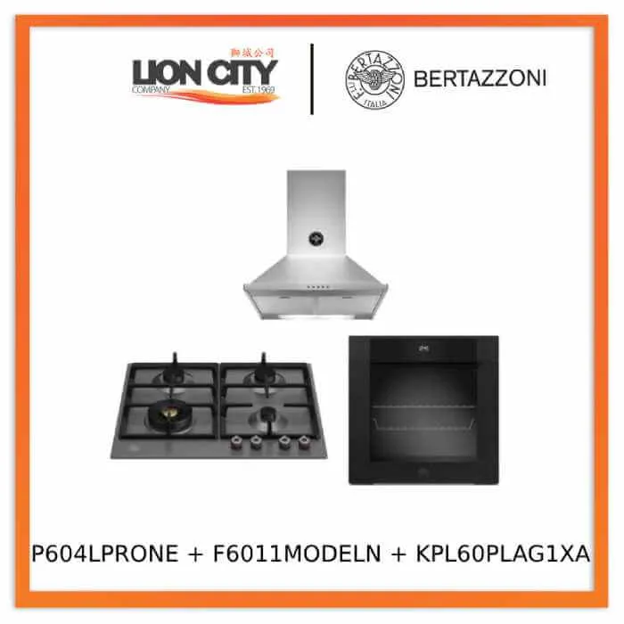 Bertazzoni P604LPROX/NE 60cm Gas Hob   F6011MODELN 11 Function Oven   KPL60PLAG1XA Wall-Mount Hood
