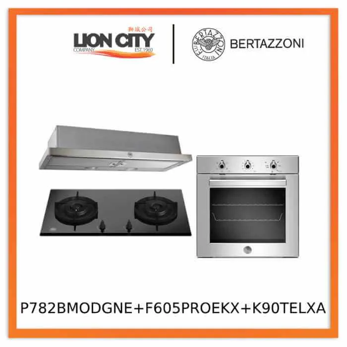 Bertazzoni P782BMODGNE 78cm gas on glass hob F605PROEKX 60cm Built-in Oven 5 functions K90TELXA 90cm Telescopic Hood