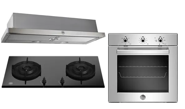 Bertazzoni P782BMODGNE 78cm gas on glass hob F605PROEKX 60cm Built-in Oven 5 functions K90TELXA 90cm Telescopic Hood