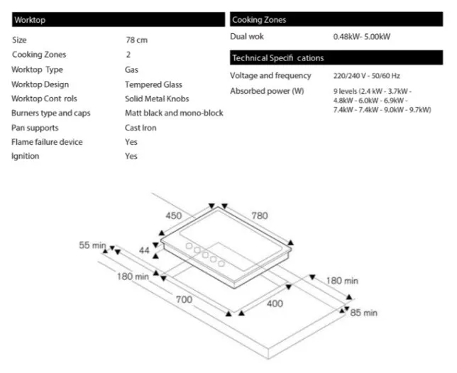 Bertazzoni P782BPROGNE 78cm 2-burner Glass Gas Hob