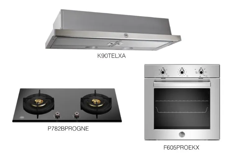 Bertazzoni P782BPROGNE Gas on Glass Hob   F605PROEK Electric Ovens   K90TELXA Telescopic Hood Bundle Deal