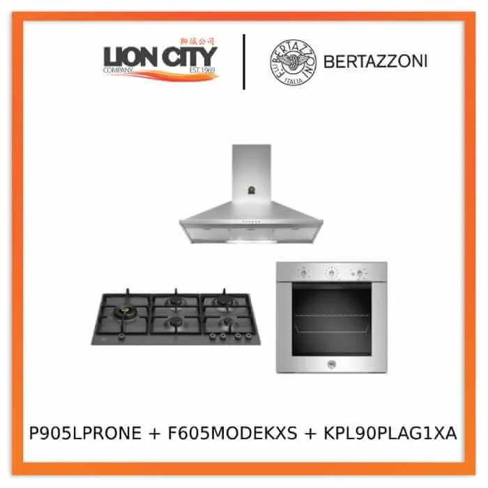 Bertazzoni P905LPRONE 90cm Gas Hob   F605MODEKXS 5 Function Oven   KPL90PLAG1XA Wall-Mount Hood