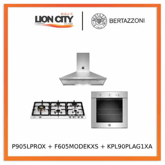 Bertazzoni P905LPROX 90cm Gas Hob   F605MODEKXS 5 Function Oven   KPL90PLAG1XA Wall-Mount Hood