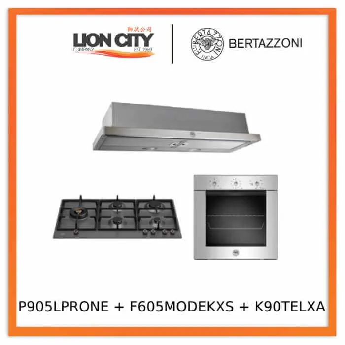 Bertazzoni P905LPROX/NE 90cm Gas Hob   F605MODEKXS 5 Function Oven   K90TELXA Telescopic Hood