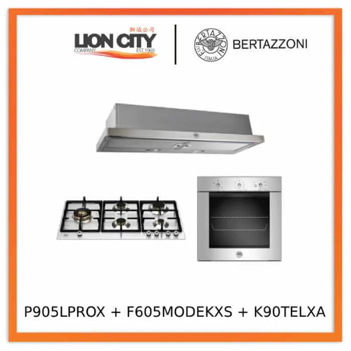Bertazzoni P905LPROX/NE 90cm Gas Hob   F605MODEKXS 5 Function Oven   K90TELXA Telescopic Hood