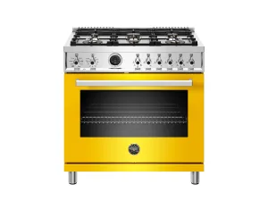 Bertazzoni PROF366DFSGIT 36 Inch Dual Fuel Range, 6 Brass Burner, Electric Self-Clean Yellow