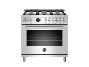 Bertazzoni PROF366DFSXT 36 Inch Dual Fuel Range, 6 Brass Burner, Electric Self-Clean Gray