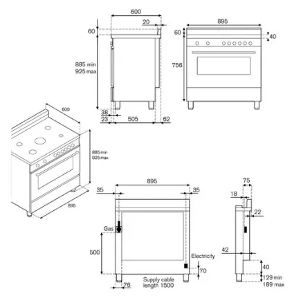 Bertazzoni RIS95C61LBX/XR/XB Free Standing Range Cooker Electric Oven   K90TELXA Telescopic Hood