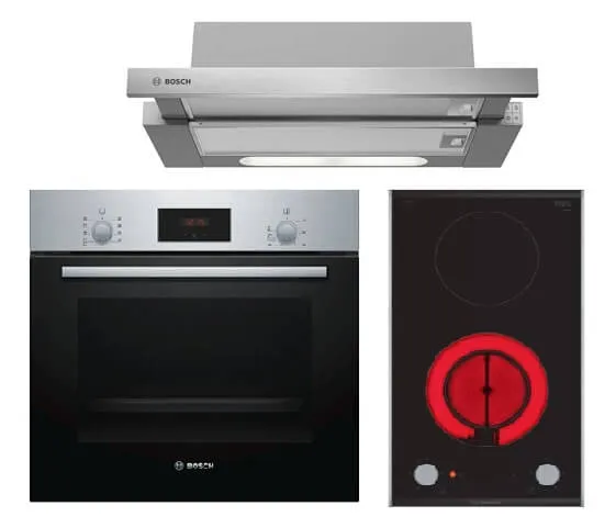 Bosch DHI623GSG 60 cm Built-In Stainless Steel Slimline Hood PKF375CA2E Domino electric Induction hob 30 cm Black, surface mount with frame HBF114BR0K 60cm Built-in Stainless Steel Oven