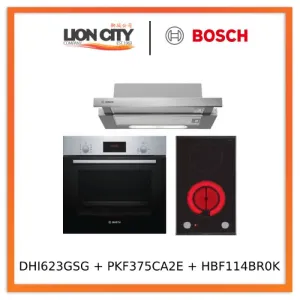 Bosch DHI623GSG 60 cm Built-In Stainless Steel Slimline Hood PKF375CA2E Domino electric Induction hob 30 cm Black, surface mount with frame HBF114BR0K 60cm Built-in Stainless Steel Oven