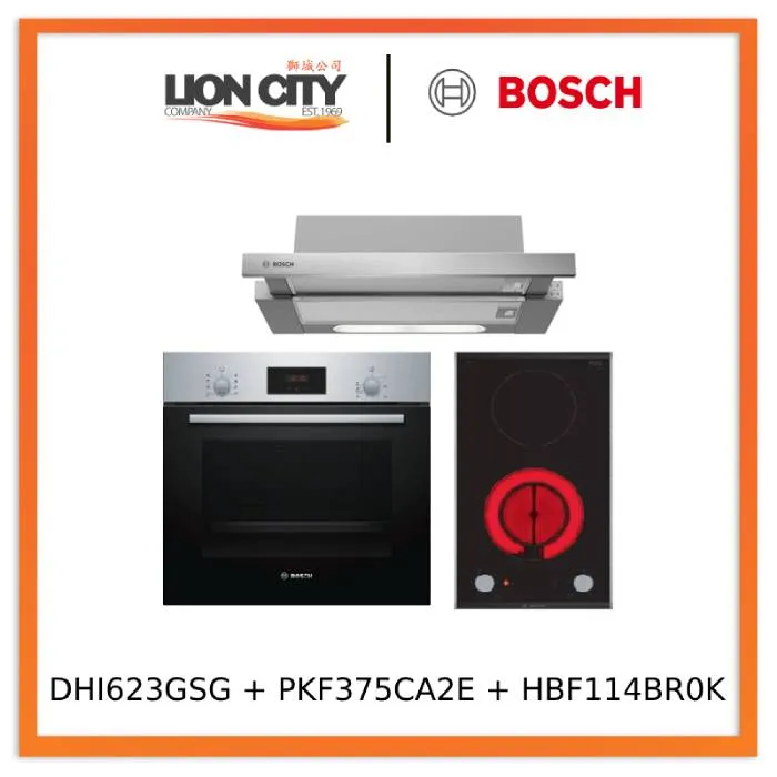 Bosch DHI623GSG 60 cm Built-In Stainless Steel Slimline Hood PKF375CA2E Domino electric Induction hob 30 cm Black, surface mount with frame HBF114BR0K 60cm Built-in Stainless Steel Oven