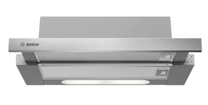 Bosch DHI623GSG 60 cm Built-In Stainless Steel Slimline Hood PKF375CA2E Domino electric Induction hob 30 cm Black, surface mount with frame HBF114BR0K 60cm Built-in Stainless Steel Oven