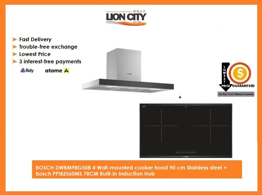 BOSCH DWBM98G50B 4 Wall-mounted cooker hood 90 cm Stainless steel   Bosch PPI82560MS 78CM Built-in Induction Hob