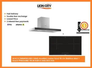 BOSCH DWBM98G50B 4 Wall-mounted cooker hood 90 cm Stainless steel   Bosch PPI82560MS 78CM Built-in Induction Hob