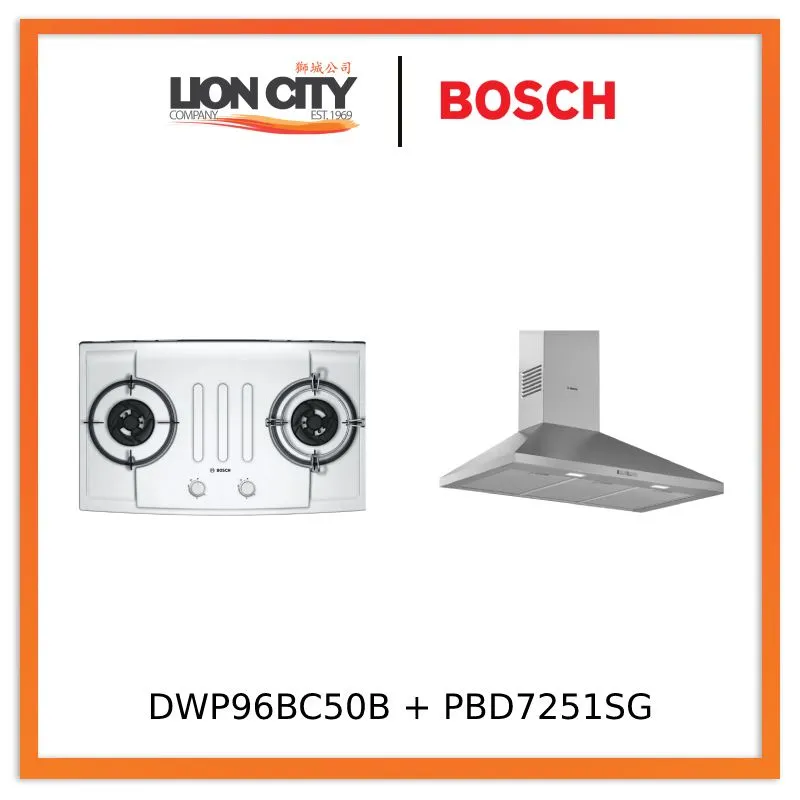Bosch DWP96BC50B Series 2 Wall-mounted cooker hood 90 cm   PBD7251SG Series 2 Gas hob Stainless steel
