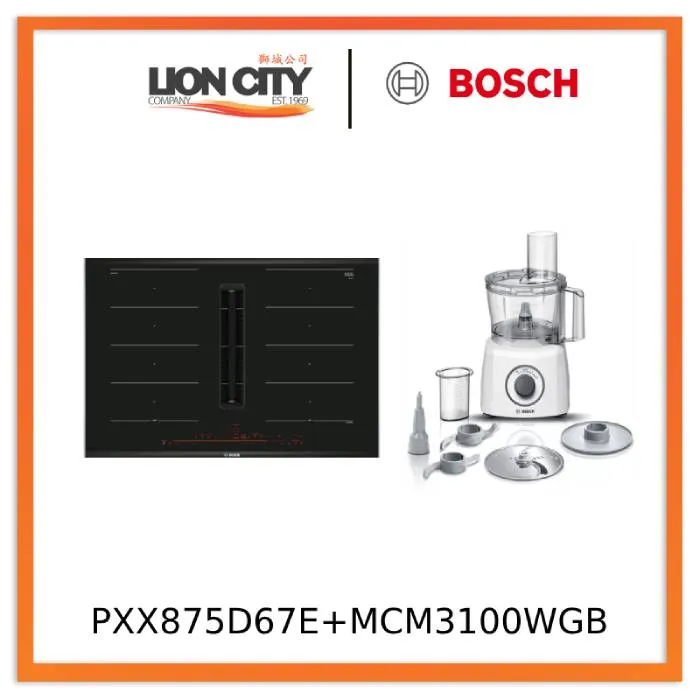 Bosch PXX875D67E Series 8 Induction hob with integrated ventilation system 80 cm surface mount with frame   MCM3100WGB Food processor MultiTalent 3700 W White