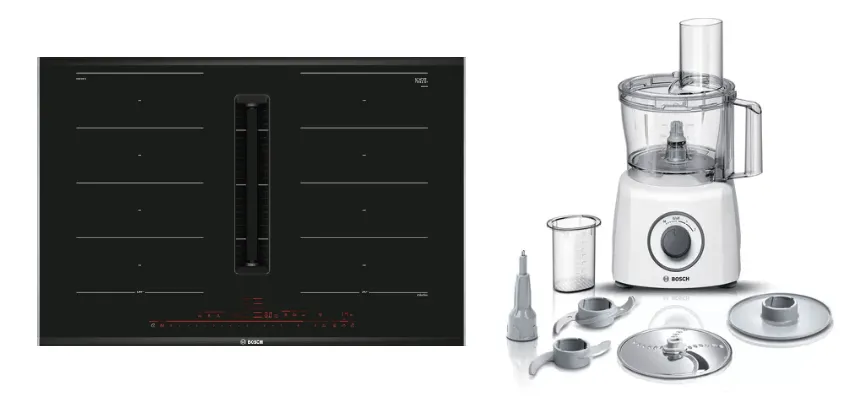 Bosch PXX875D67E Series 8 Induction hob with integrated ventilation system 80 cm surface mount with frame   MCM3100WGB Food processor MultiTalent 3700 W White