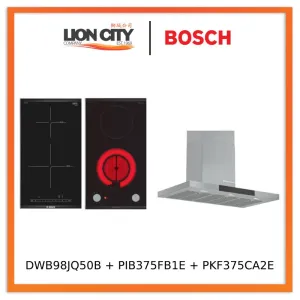 Bosch Series 6 DWB98JQ50B Wall-mounted cooker hood 90 cm   PIB375FB1E Series 6 Domino induction hob 30 cm Black   PKF375CA2E Series 2 Domino Electric hob 30 cm Black, surface mount with frame