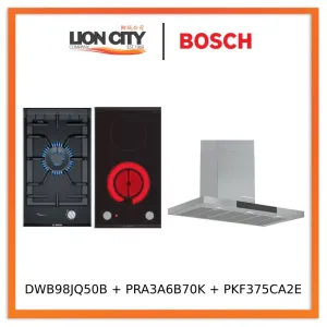 Bosch Series 6 DWB98JQ50B Wall-mounted cooker hood 90 cm   PRA3A6B70K Series 8 Domino gas hob 30 cm Ceramic, Black   PKF375CA2E Series 2 Domino Electric hob 30 cm Black, surface mount with frame