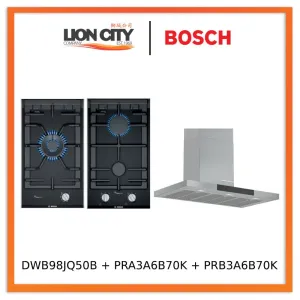 Bosch Series 6 DWB98JQ50B Wall-mounted cooker hood 90 cm   PRA3A6B70K Series 8 Domino gas hob 30 cm Ceramic, Black   PRB3A6B70K Series 8 Domino gas hob 30 cm Ceramic, Black