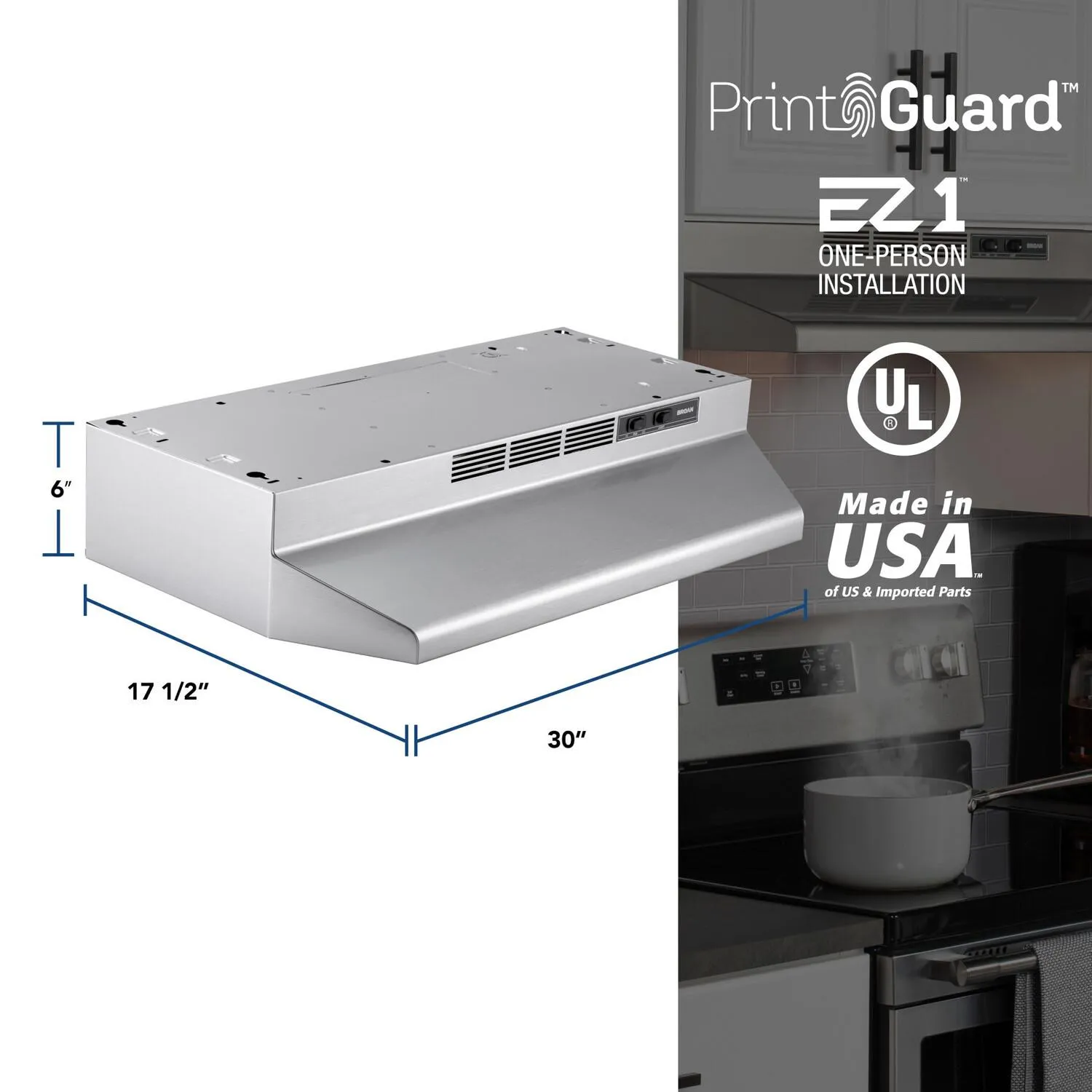 Broan BUEZ130SF Broan 30-Inch Ductless Under-Cabinet Range Hood W/ Easy Install System, Stainless Finish