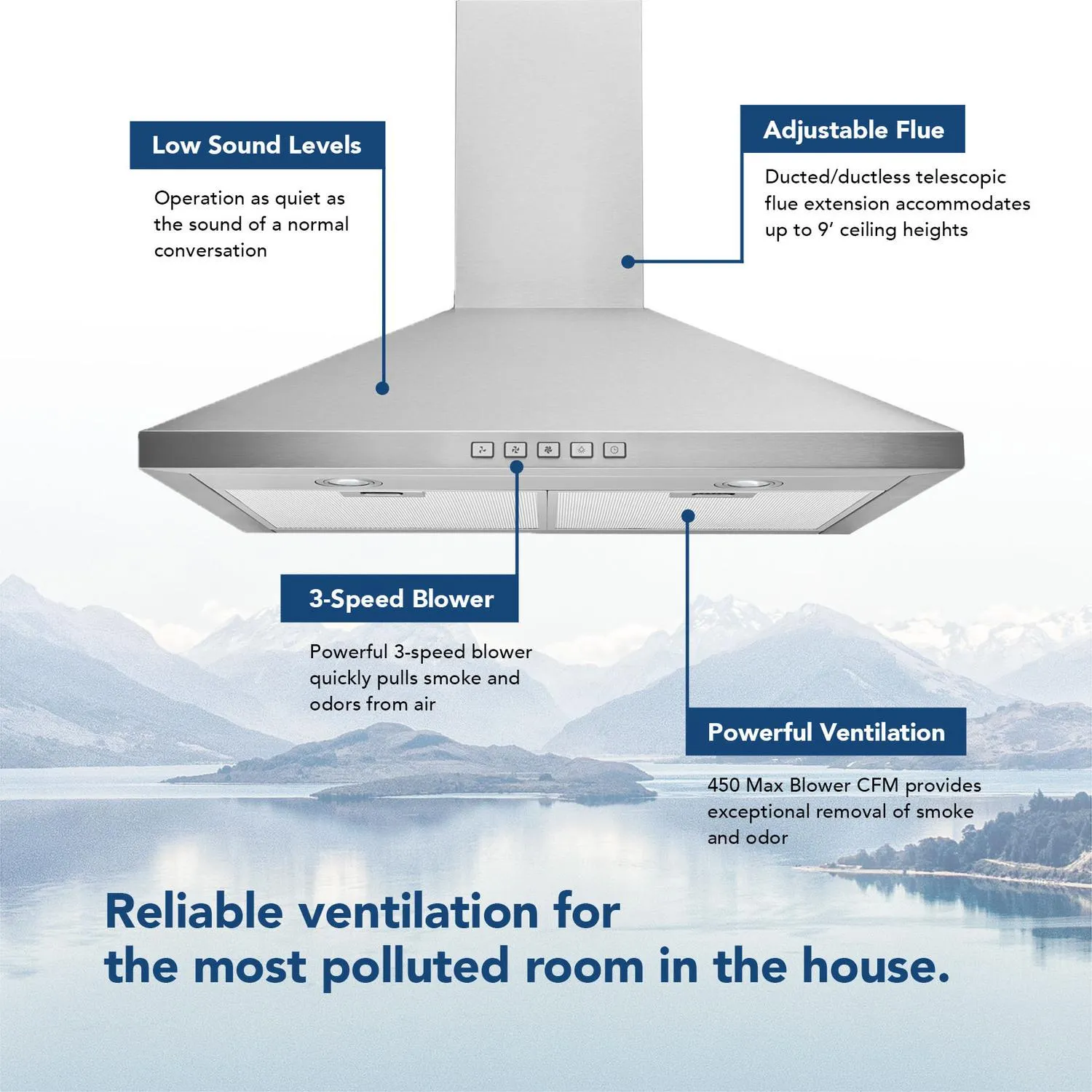 Broan BWP1304SS Broan 30-Inch Convertible Wall-Mount Pyramidal Chimney Range Hood, 450 Max Cfm, Stainless Steel