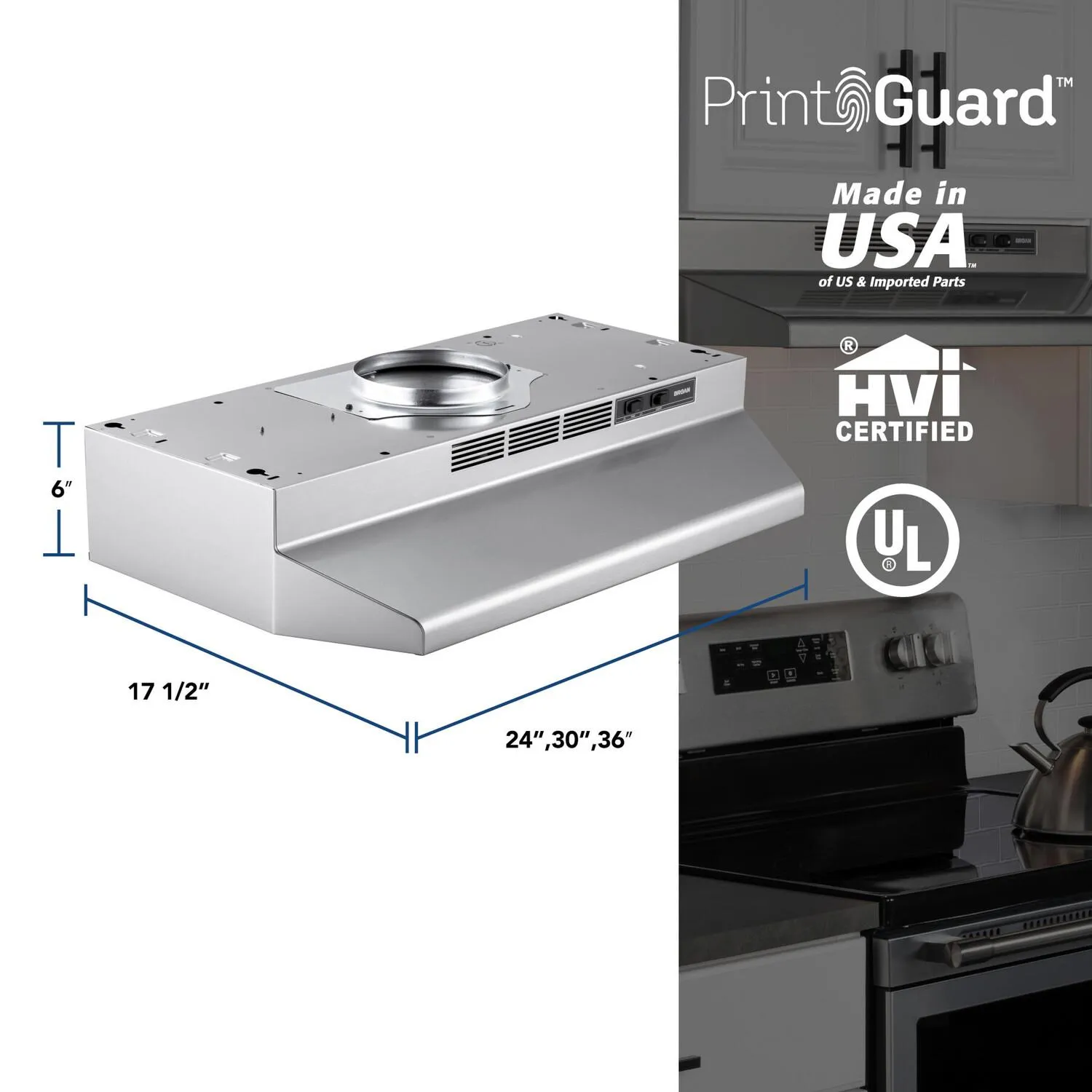 Broan F4030SF Broan 30-Inch Convertible Under-Cabinet Range Hood, Stainless Finish With Printguard&#8482;, 230 Max Blower Cfm