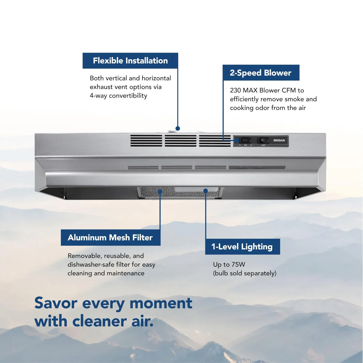 Broan F4030SF Broan 30-Inch Convertible Under-Cabinet Range Hood, Stainless Finish With Printguard&#8482;, 230 Max Blower Cfm