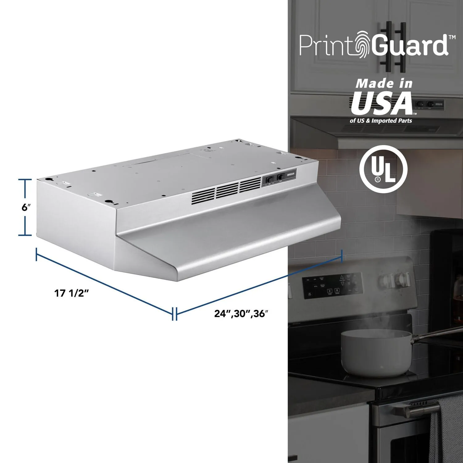 Broan F4036SF Broan 36-Inch Convertible Under-Cabinet Range Hood, 230 Max Blower Cfm, Stainless Finish