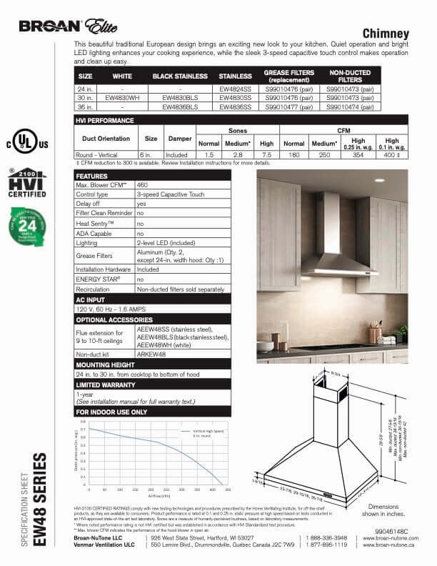 Broan 36 in. Elite EW 48 Series Range Hood In Stainless Steel (EW4836SS)