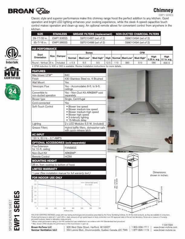 Broan Elite EWP1 Series Chimney Range Hood With Size Options (EWP1)