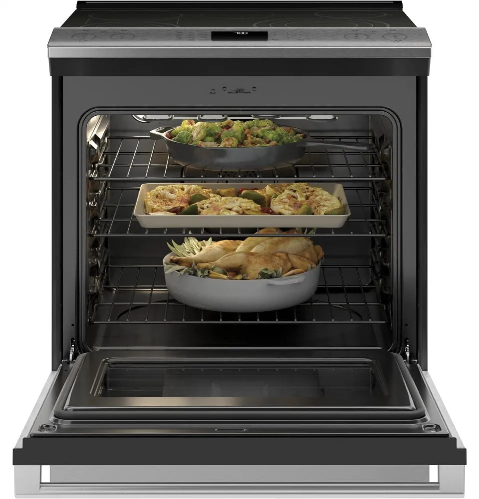 Cafe CES700M2NS5 Caf 30" Smart Slide-In, Front-Control, Radiant And Convection Range In Platinum Glass