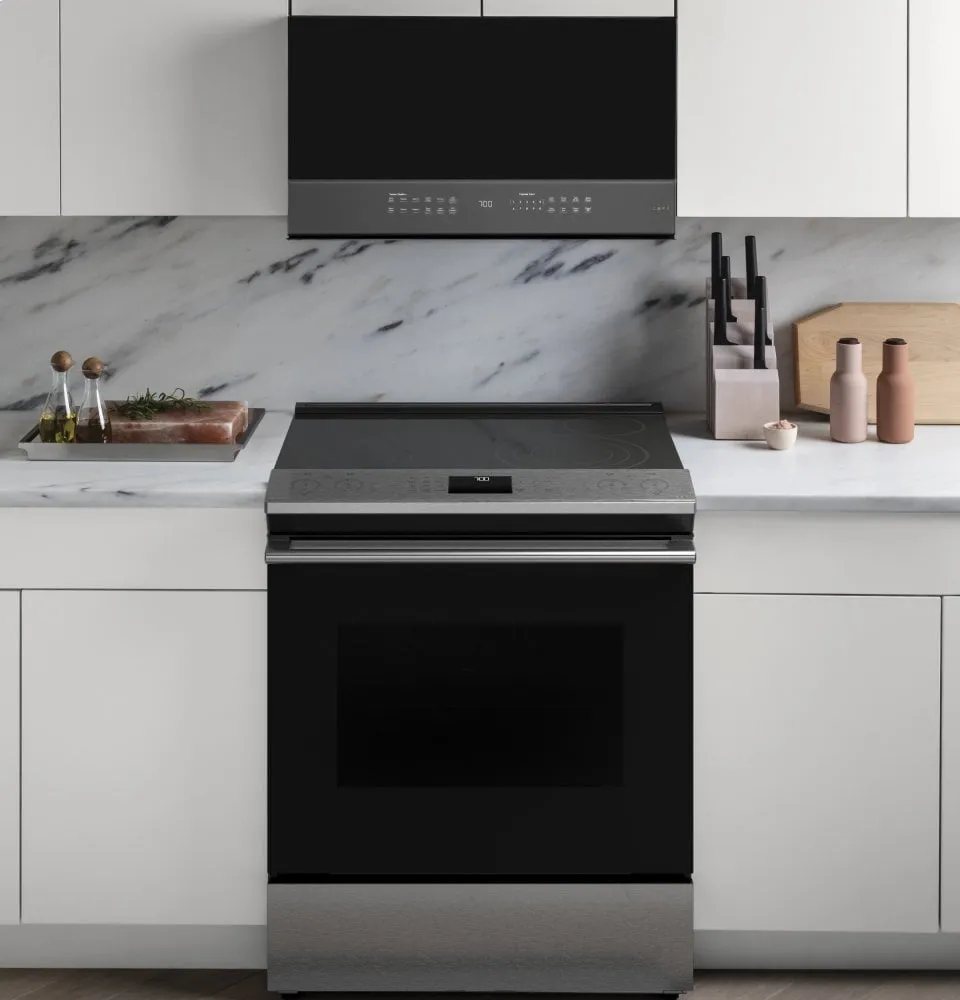 Cafe CES700M2NS5 Caf 30" Smart Slide-In, Front-Control, Radiant And Convection Range In Platinum Glass