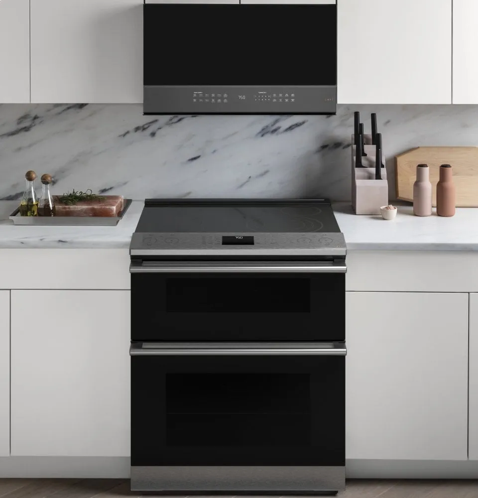 Cafe CES750M2NS5 Caf 30" Smart Slide-In, Front-Control, Radiant And Convection Double-Oven Range In Black