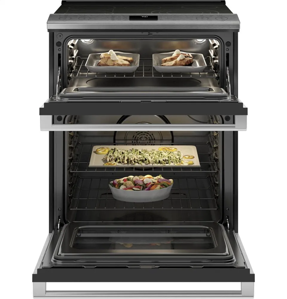 Cafe CES750M2NS5 Caf 30" Smart Slide-In, Front-Control, Radiant And Convection Double-Oven Range In Black