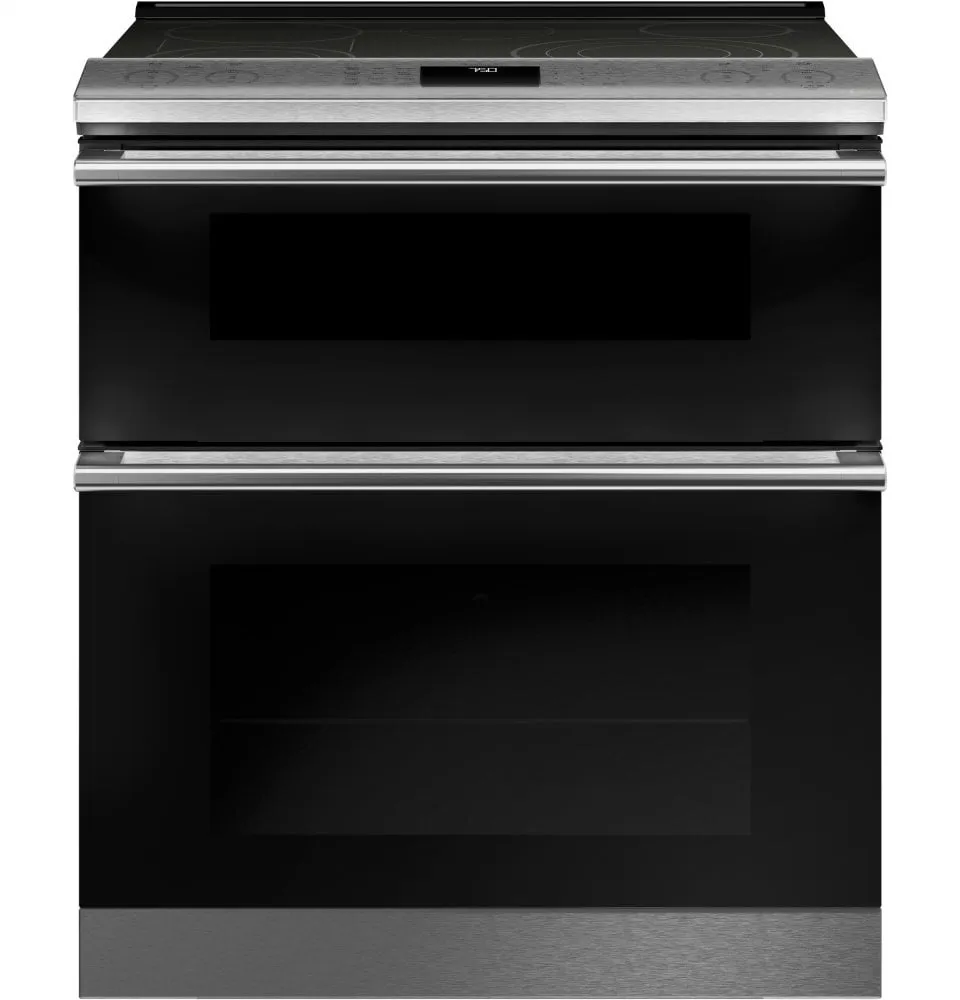 Cafe CES750M2NS5 Caf 30" Smart Slide-In, Front-Control, Radiant And Convection Double-Oven Range In Black