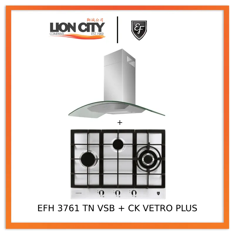EF 90 CM Chimney Cooker Hood CK-Vetro Plus   EF EFH 3761 TN VSB 68cm Built in Stainless Steel Gas Hob