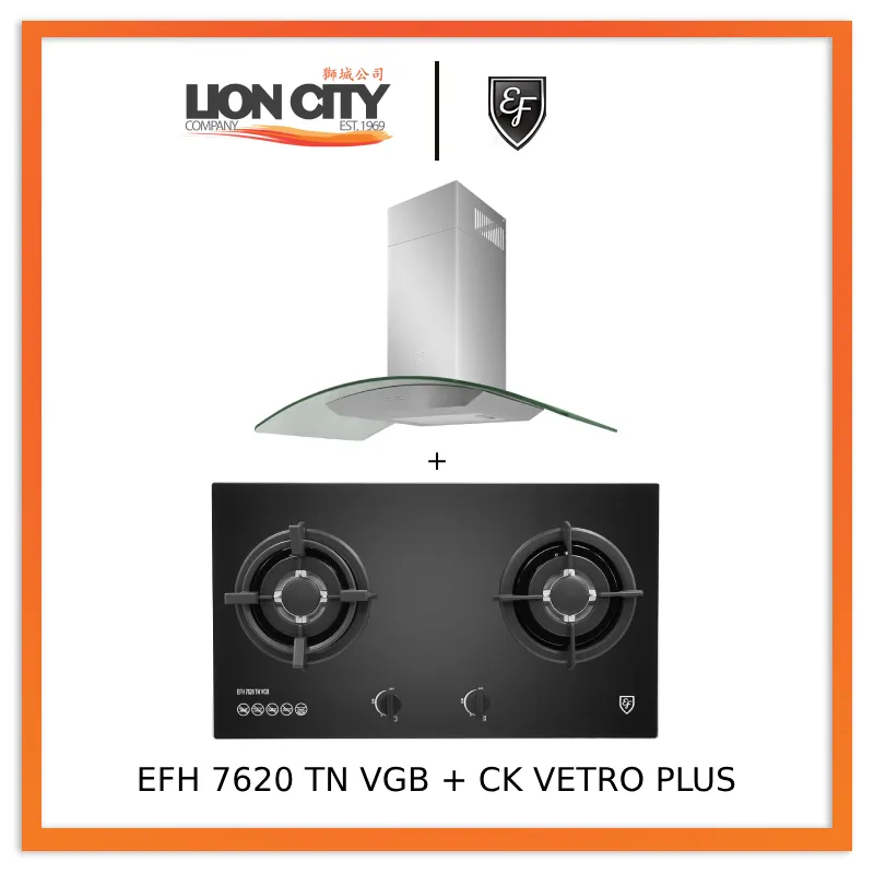 EF 90 CM Chimney Cooker Hood CK-Vetro Plus   EF EFH 7620 TN VGB Glass Hob EFH7620TNVGB