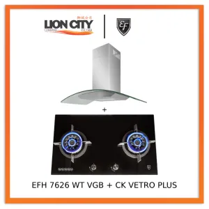 EF 90 CM Chimney Cooker Hood CK-Vetro Plus   EF EFH 7626 WT VGB 78 cm, 2 Wok Burners Gas Built in Hob