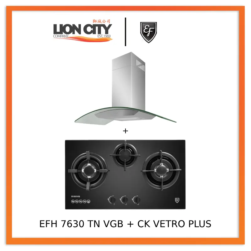 EF 90 CM Chimney Cooker Hood CK-Vetro Plus   EF EFH 7630 TN VGB Glass Hob EFH7630TNVGB