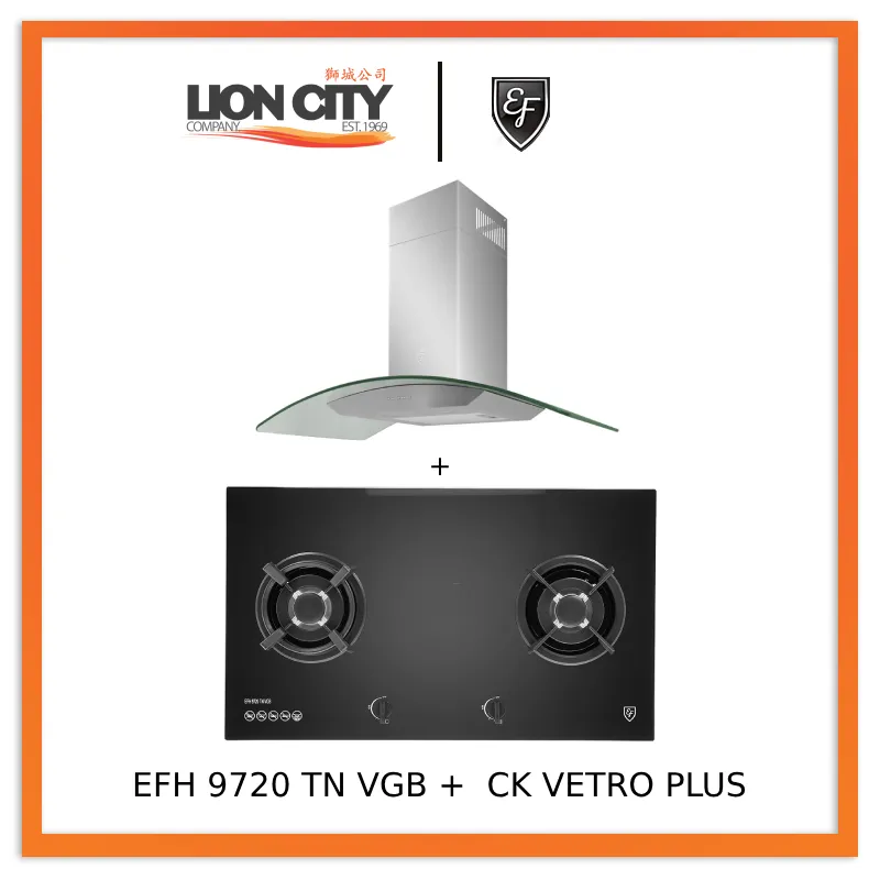 EF 90 CM Chimney Cooker Hood CK-Vetro Plus   EF EFH 9720 TN VGB Glass Hob EFH9720TNVGB