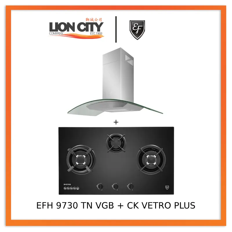 EF 90 CM Chimney Cooker Hood CK-Vetro Plus   EF EFH 9730 TN VGB 3 Burners Built-In Glass Hob